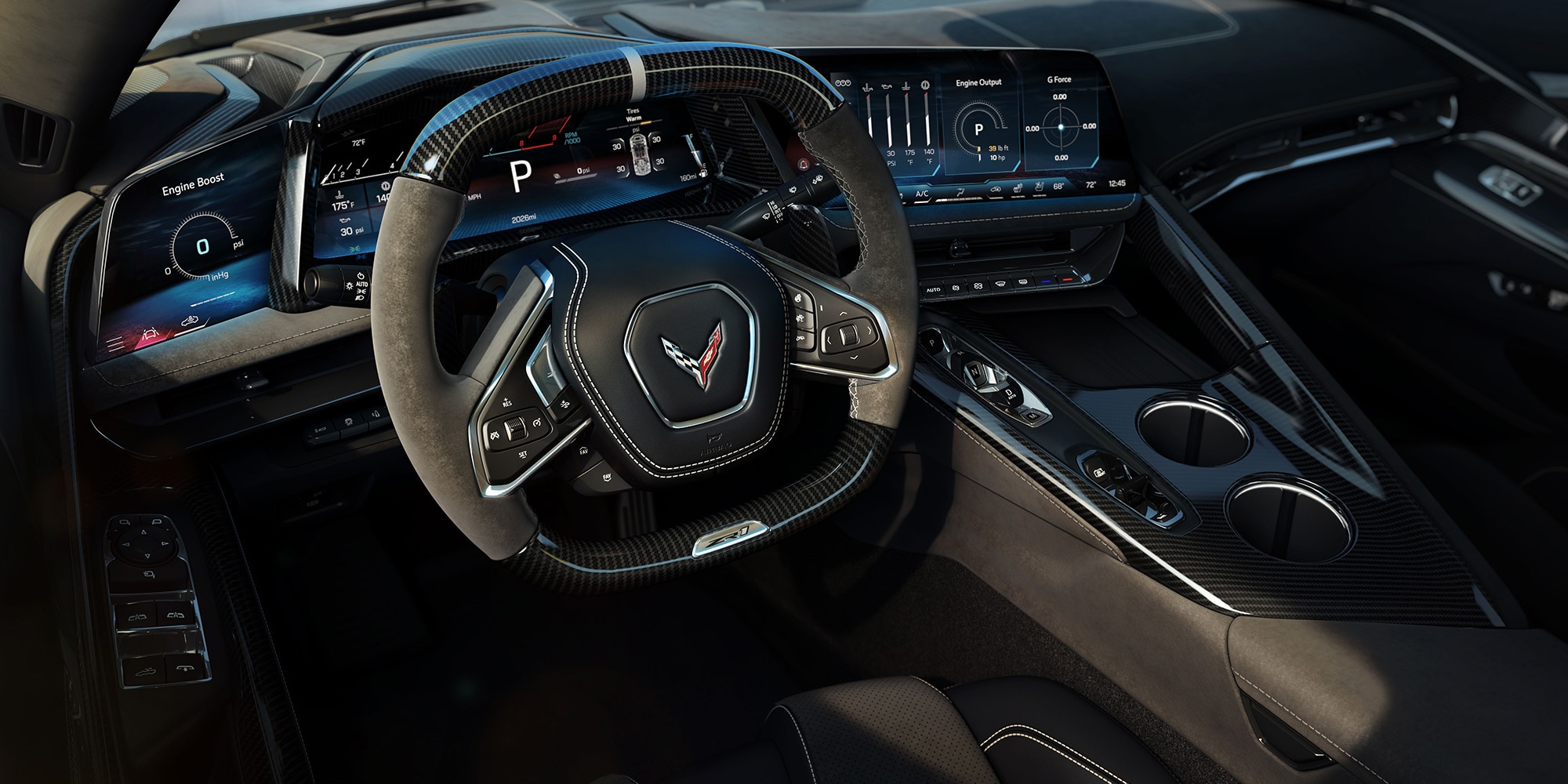 Sección de tecnología de Chevrolet Corvette ZR1 2026 para desktop, con pantallas de 12.7, 14 y 6.6 pulgadas, Google integrado y conectividad inalámbrica.